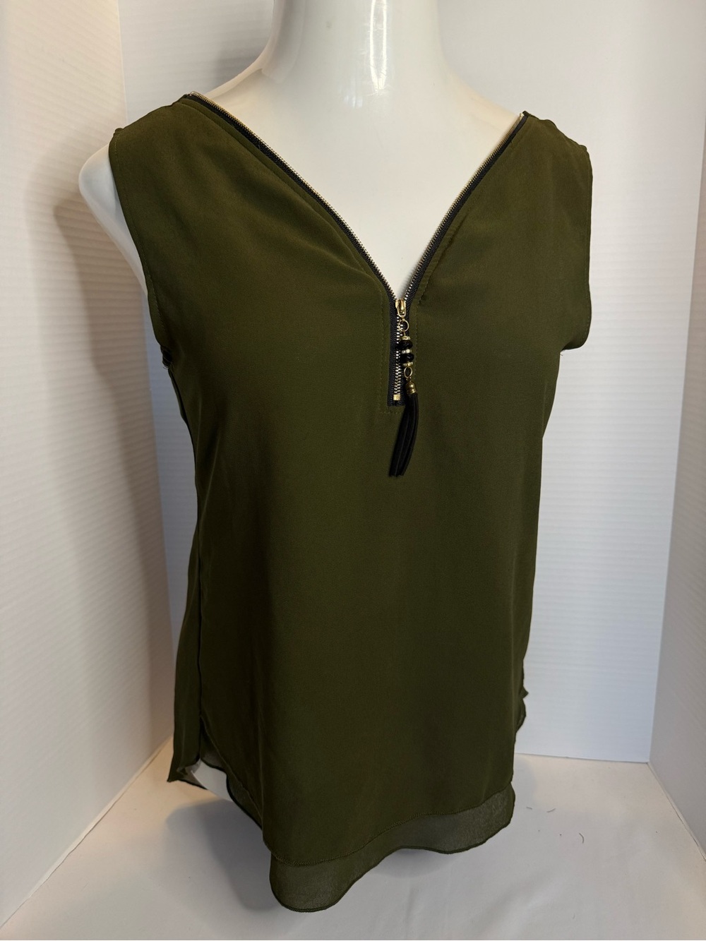 Women’s Olive Green Sleeveless V-Neck Tank with Zip Detail
